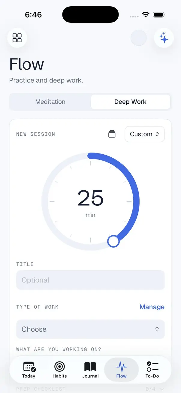 Flow screen: setting up a deep work session.