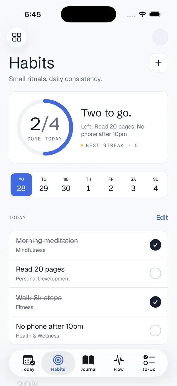 Habits screen: two of four done.